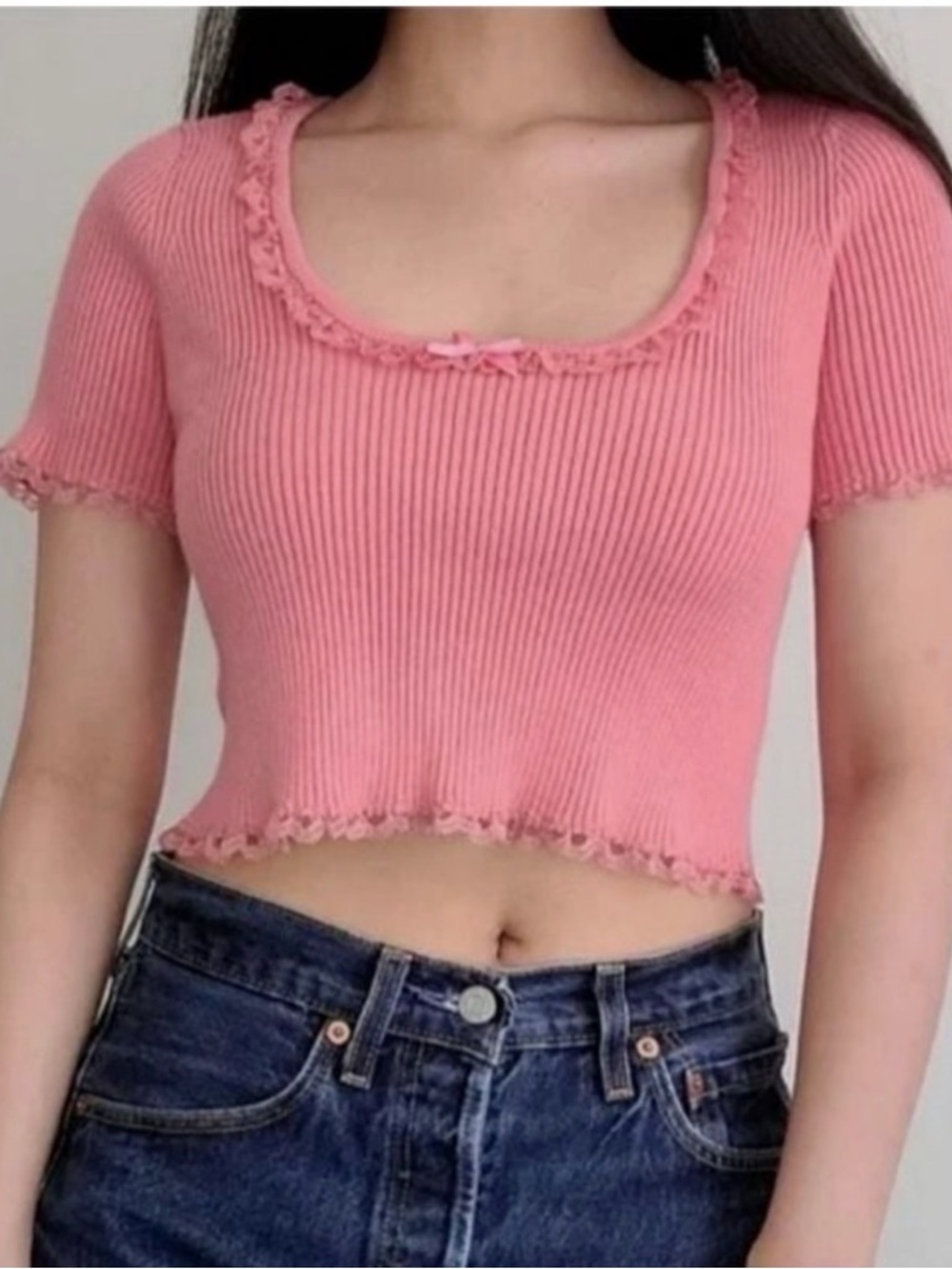 For Love And Lemons calls knit Pink Ribbed Lettuce-Edge Crop Top